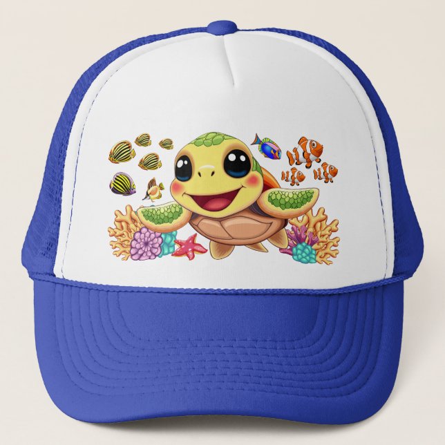 Sea Turtle Baby Happy and Cute Character Trucker Hat (Front)