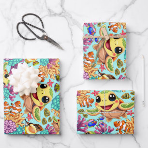 Sea Turtle Baby Happy and Cute Character Wrapping Paper Sheet