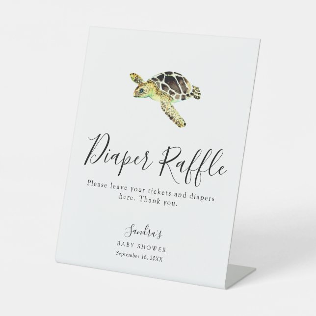 Sea Turtle Baby Shower Diaper Raffle Game Minimal Pedestal Sign (Front)