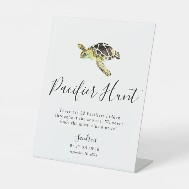 Sea Turtle Baby Shower Pacifier Hunt Game Minimal Pedestal Sign (Front)