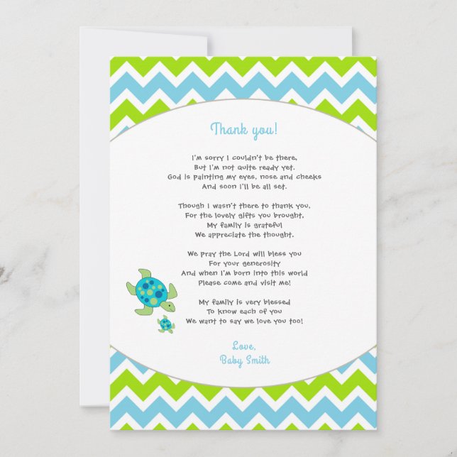 Sea Turtle baby shower thank you note + poem (Front)