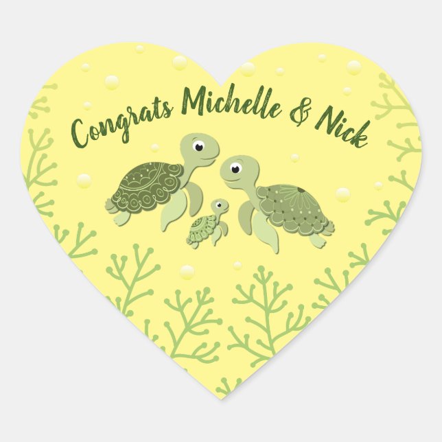 Sea Turtle Baby Shower Yellow  Heart Sticker v2 (Front)