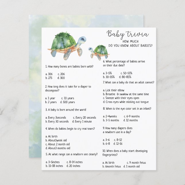 Sea Turtle - Baby Trivia | Baby Shower Game (Front/Back)
