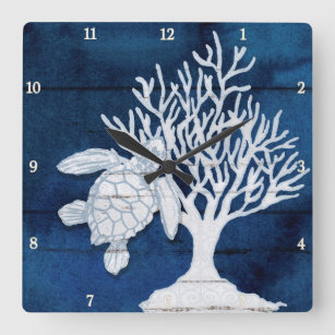 Sea Turtle Beach House Coral Vintage Blue n White Square Wall Clock