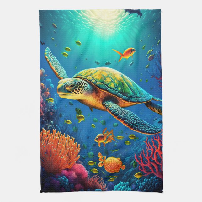 Sea Turtle Beach House Ocean Marine Life Animals Tea Towel (Vertical)