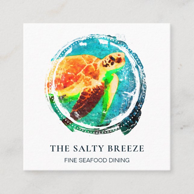 *~* Sea Turtle Beach Sand Sea Dining Tropical Square Business Card (Front)