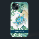 Sea Turtle Beachy Custom Phone Case<br><div class="desc">This custom phone case features a watercolor sea turtle,  shoreline and tropical monstera palm leaves. Personalise with your name in white over a navy blue background. Artwork and design by Victoria Grigaliunas. To see more sea life and beachy phone cases like this visit www.zazzle.com/dotellabelle</div>