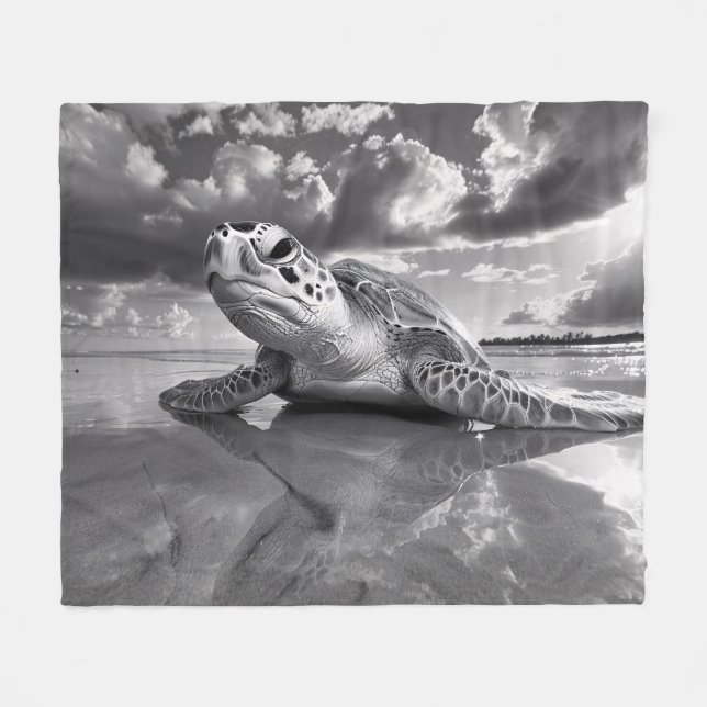 Sea Turtle Black and White Art Fleece Blanket (Front (Horizontal))