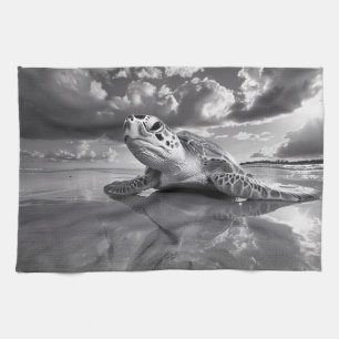 Sea Turtle Black and White Art Tea Towel