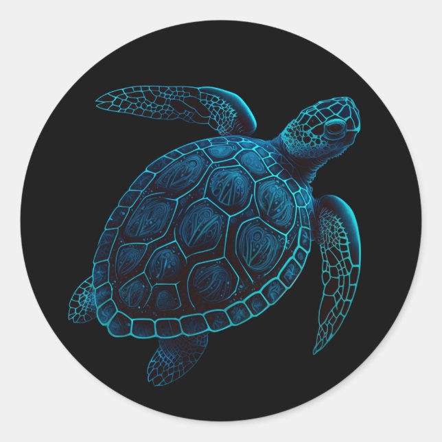 sea turtle, blue digital drawing  classic round sticker (Front)