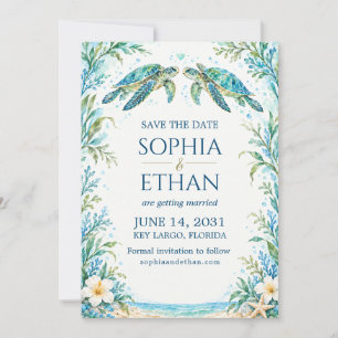 Sea Turtle Blue Green Watercolor Beach Wedding Save The Date
