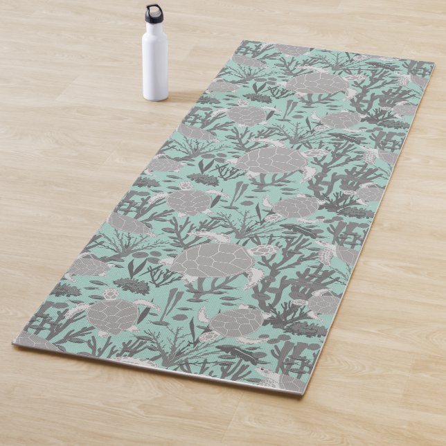 Sea Turtle Blue Grey Underwater Pattern Yoga Mat (In Situ)