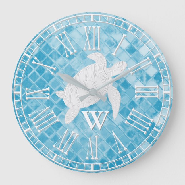 Sea Turtle Blue Sea Glass Monogram Large Clock (Front)