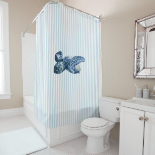 Sea Turtle Blue Stripe Coastal Shower Curtain