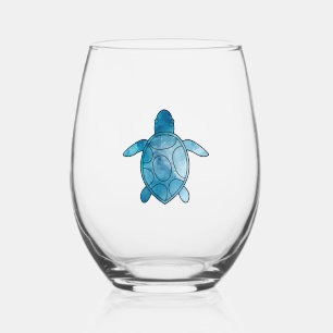Sea Turtle blue watercolor Stemless Wine Glass