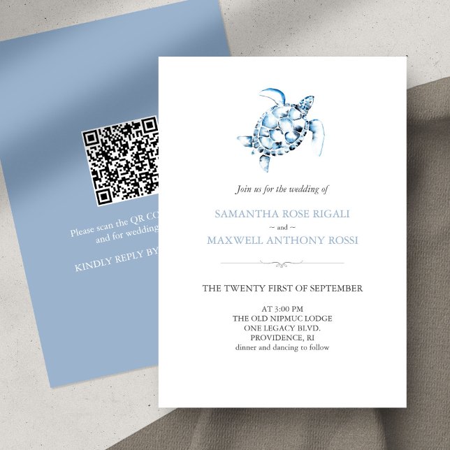 Sea Turtle Blue Wedding Invitation with QR Code (beach wedding invitation virtual QR code watercolor sea turtle )