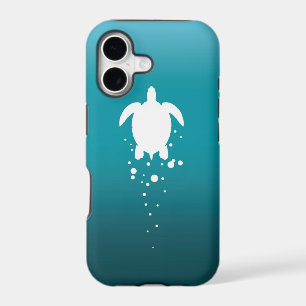 Sea Turtle & Bubbles Against Blue-Green Ocean