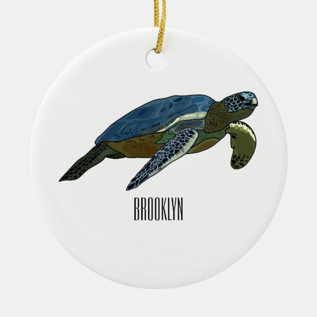 Sea turtle cartoon illustration ceramic tree decoration (Front)