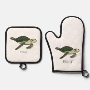 Sea turtle cartoon illustration  oven mitt & pot holder set