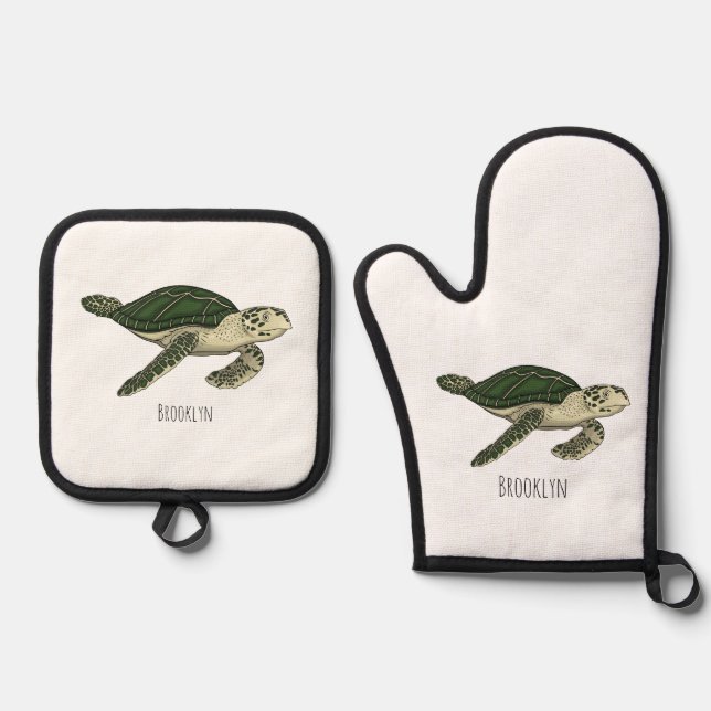 Sea turtle cartoon illustration  oven mitt & pot holder set (Front)