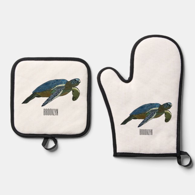Sea turtle cartoon illustration oven mitt & pot holder set (Front)