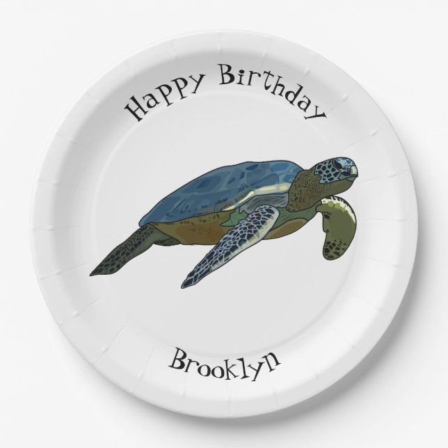 Sea turtle cartoon illustration paper plate (Front)