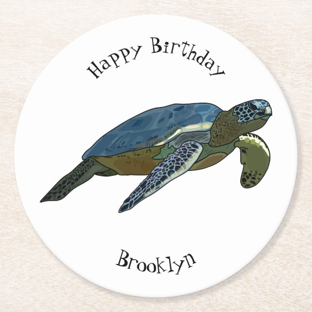 Sea turtle cartoon illustration round paper coaster (Front)