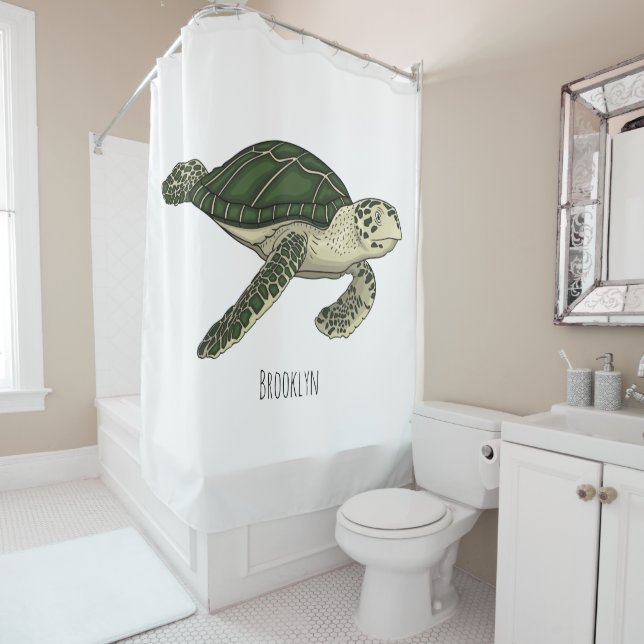 Sea turtle cartoon illustration shower curtain (In Situ)