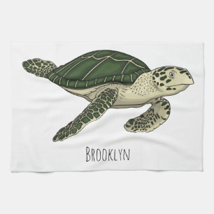 Sea turtle cartoon illustration tea towel