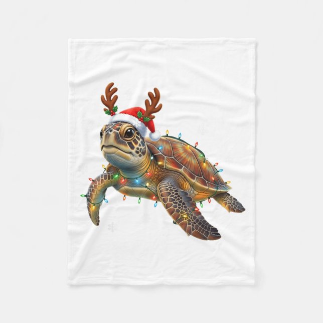 Sea Turtle Christmas Lights Funny Santa Hat Men Wo Fleece Blanket (Front)