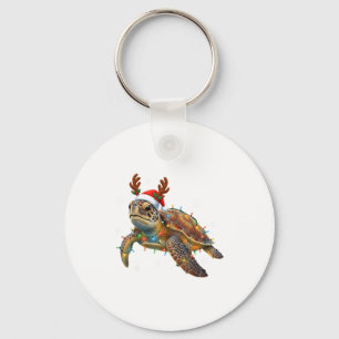 Sea Turtle Christmas Lights Funny Santa Hat Men Wo Key Ring