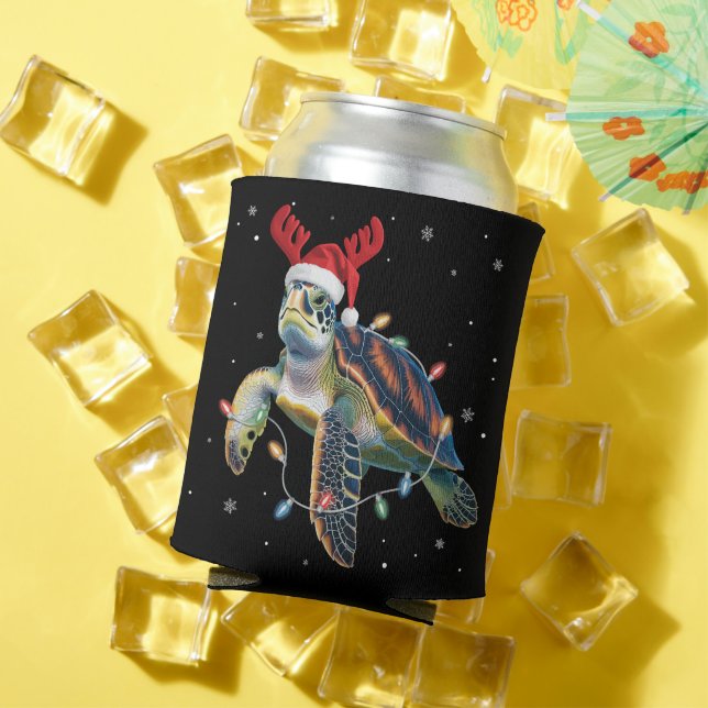 Sea Turtle Christmas Lights Funny Santa Hat Merry  Can Cooler (In Situ Summer)
