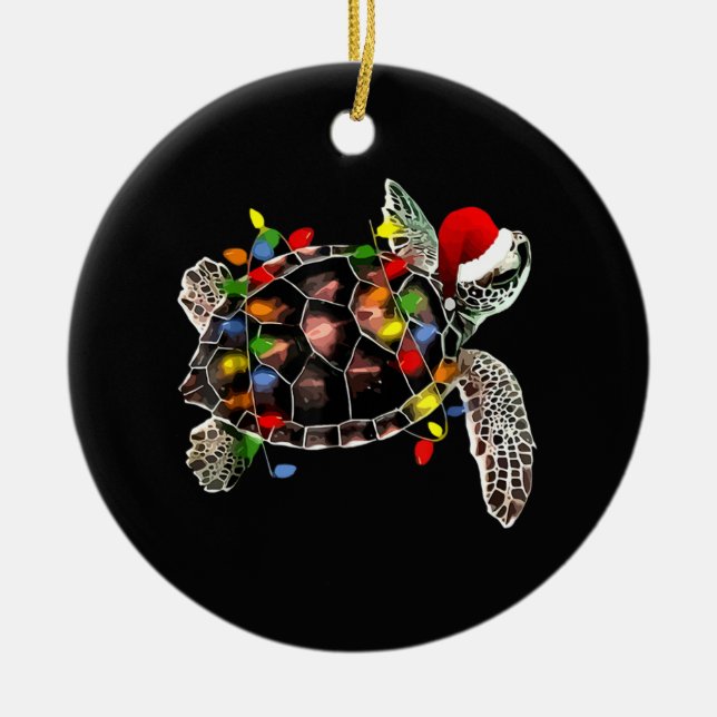 Sea Turtle Christmas Lights Funny Santa Hat Merry  Ceramic Tree Decoration (Front)