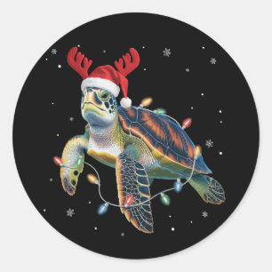 Sea Turtle Christmas Lights Funny Santa Hat Merry Classic Round Sticker