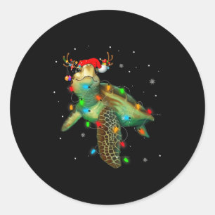 Sea Turtle Christmas Lights Funny Santa Hat Merry  Classic Round Sticker