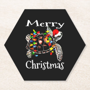 Sea Turtle Christmas Lights Funny Santa Hat Merry Paper Coaster