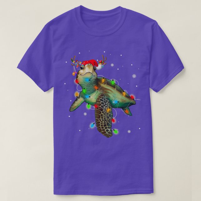 Sea Turtle Christmas Lights Funny Santa Hat Merry  T-Shirt (Design Front)