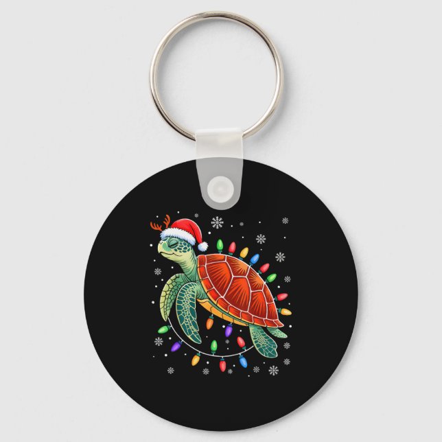 Sea Turtle Christmas Lights Santa Hat Funny Xmas P Key Ring (Front)