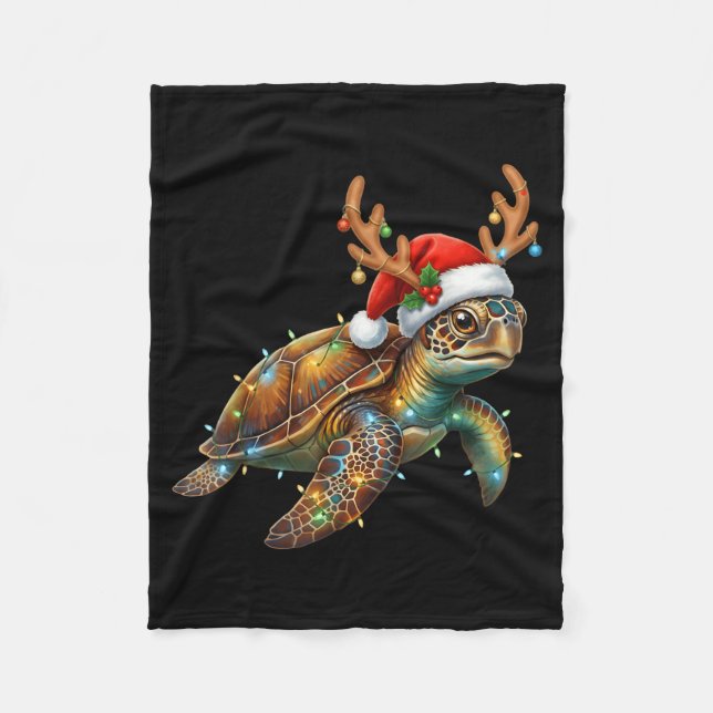 Sea Turtle Christmas Lights Santa Hat Merry Christ Fleece Blanket (Front)