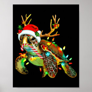 Sea Turtle Christmas Lights Santa Hat Merry Christ Poster