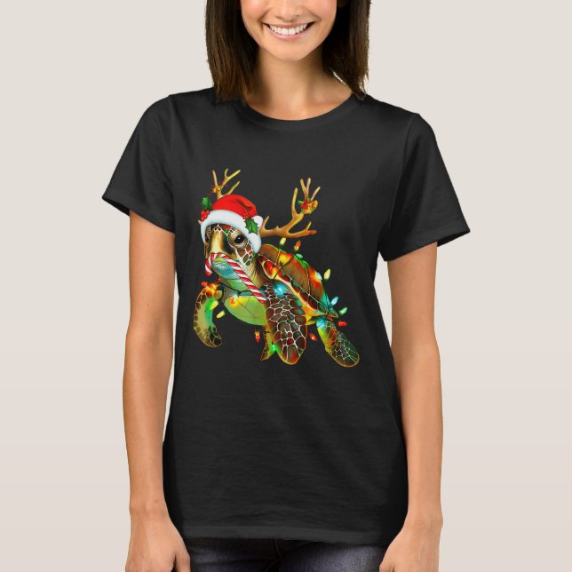 Sea Turtle Christmas Lights Santa Hat Merry Christ T-Shirt (Front)