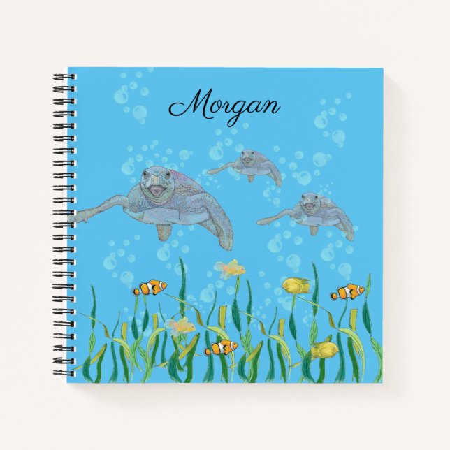 Sea Turtle Colourful Original Drawing Personalised Notebook (Front)