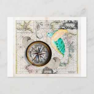 Sea Turtle Compass Vintage Postcard