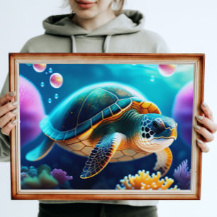 Sea Turtle & Coral Digital Art Print