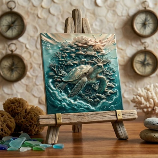 Sea Turtle Coral Reef 3D Faux Metal Ceramic  Tile (Creator Uploaded)