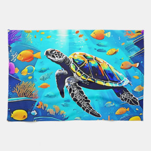 Sea Turtle Coral Reef Art Tea Towel