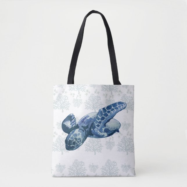Sea Turtle Coral Reef Blue Tote Bag (Front)