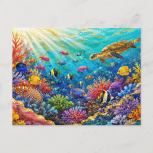 Sea Turtle Coral Reef Postcard Colorful Tropical