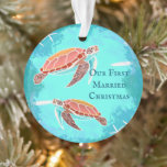 Sea Turtle Couple First Married Christmas Ornament<br><div class="desc">First married Christmas acrylic ornament with a tropical sea life theme.  Two sea turtles on the front with "Our first married Christmas" text - or change it.  The reverse has the same blue under-the-sea design with a place for names,  home address,  and date.</div>