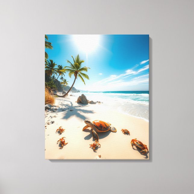 Sea Turtle & Crabs on Tropical Beach – Serene Ocea Canvas Print (Front)